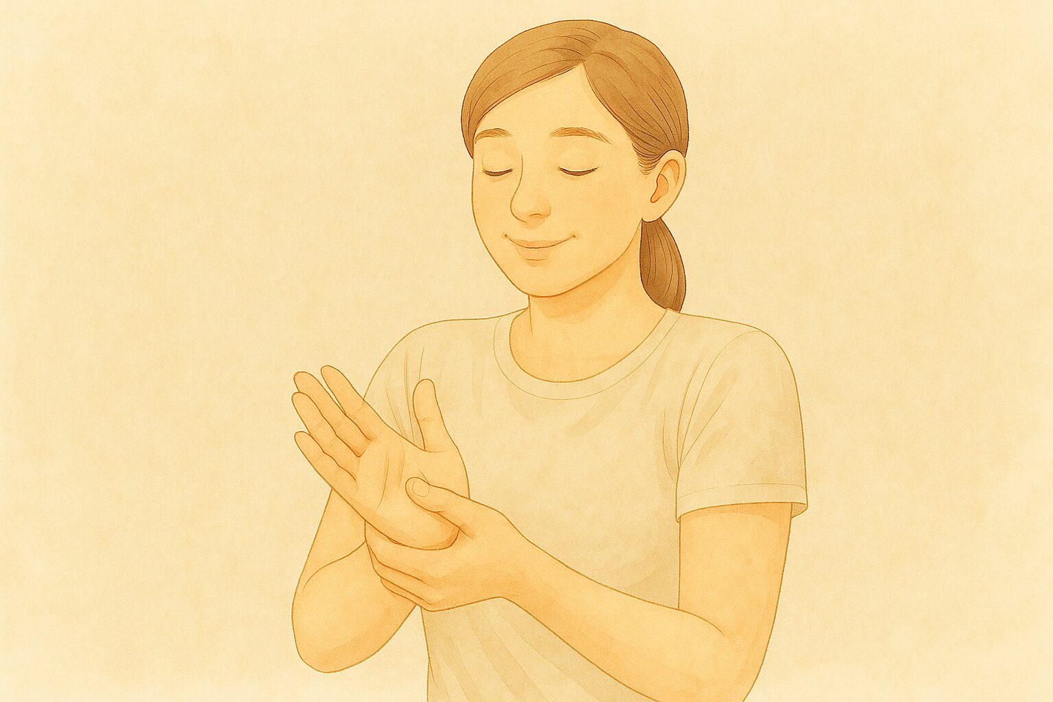 片手で手のひらをもみほぐす女性のイラスト