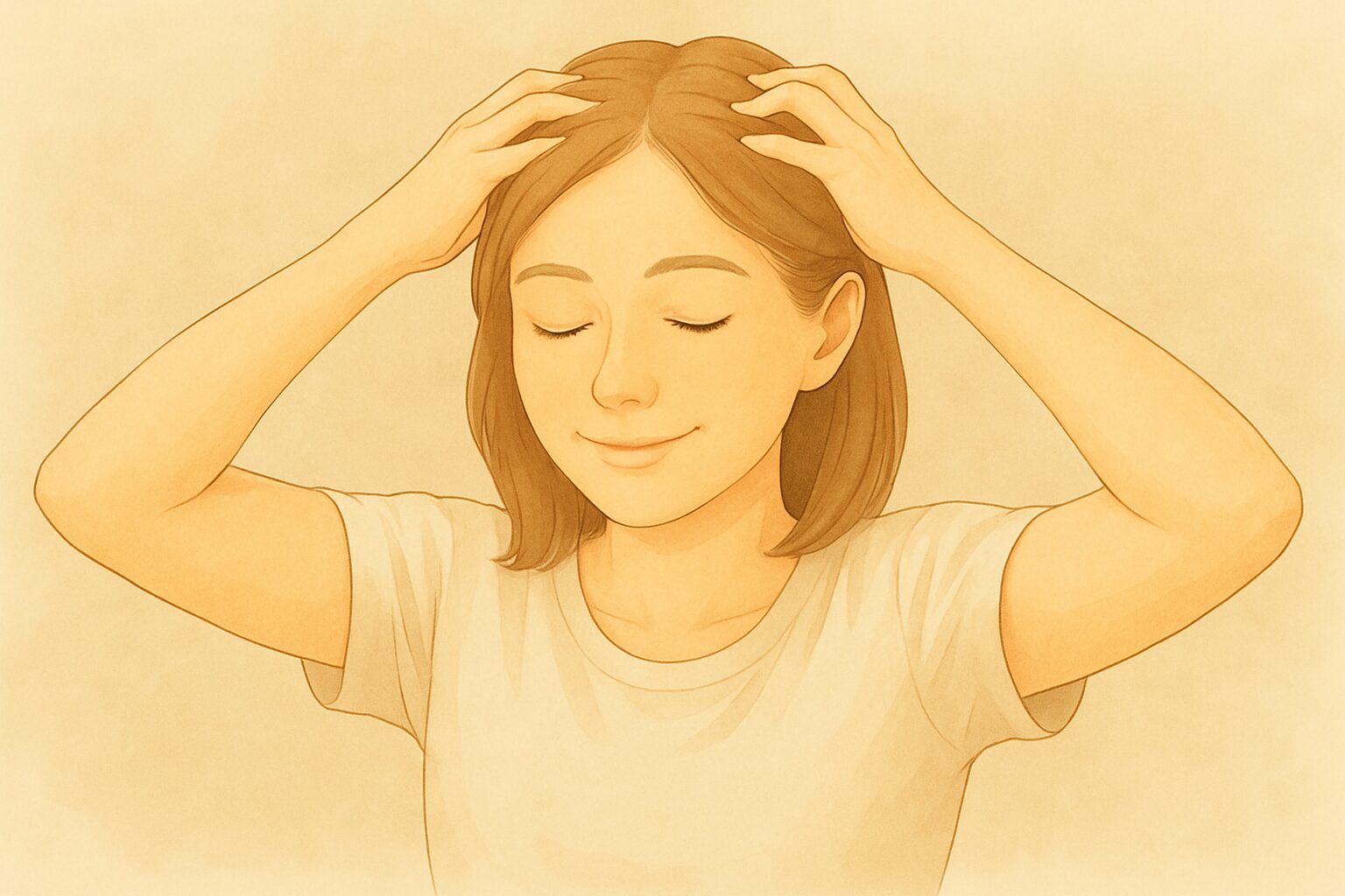 両手で頭皮マッサージをする女性のイラスト