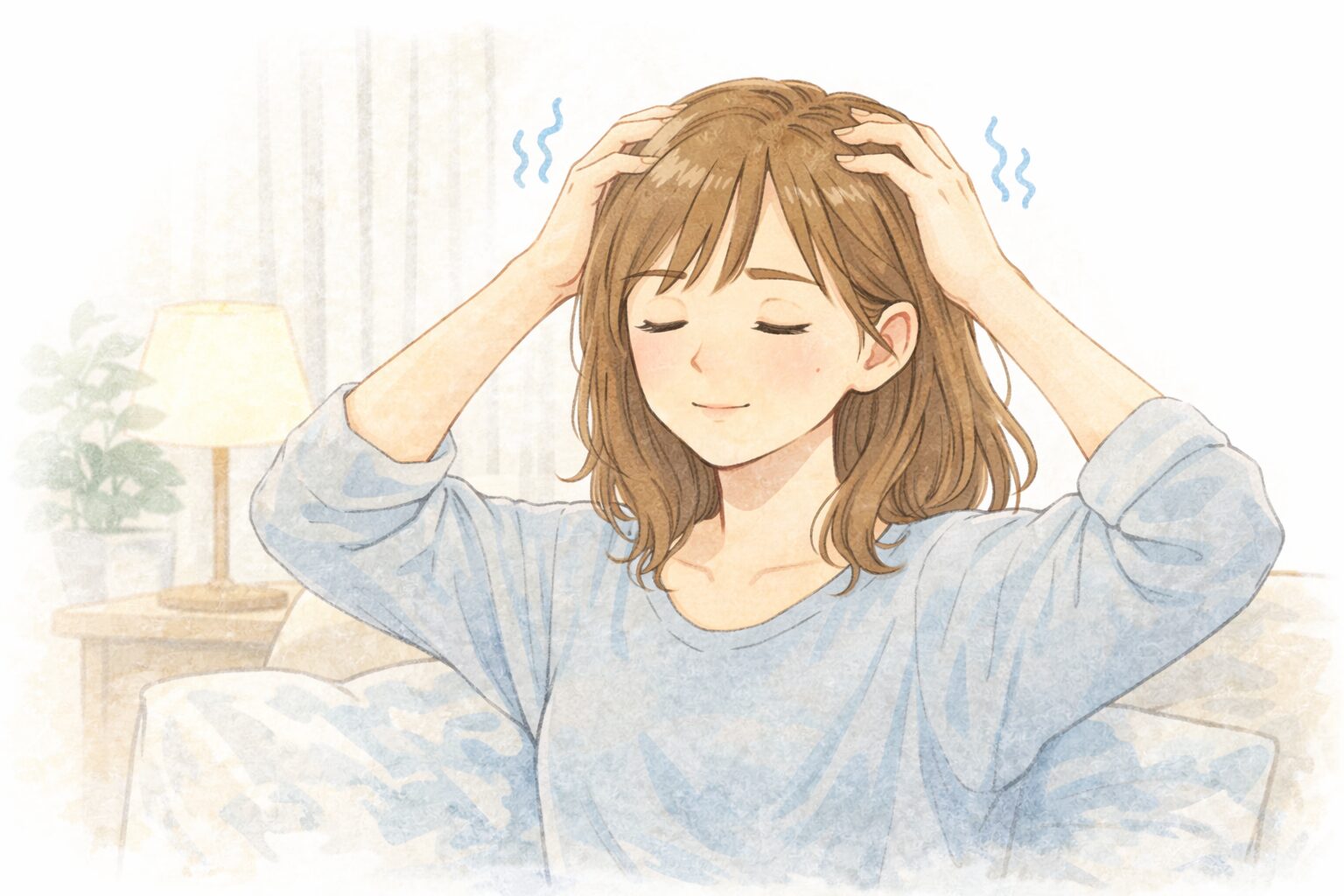 両手で頭をやさしくほぐす女性のイラスト。頭まわりをセルフケアしてリラックスするイメージ