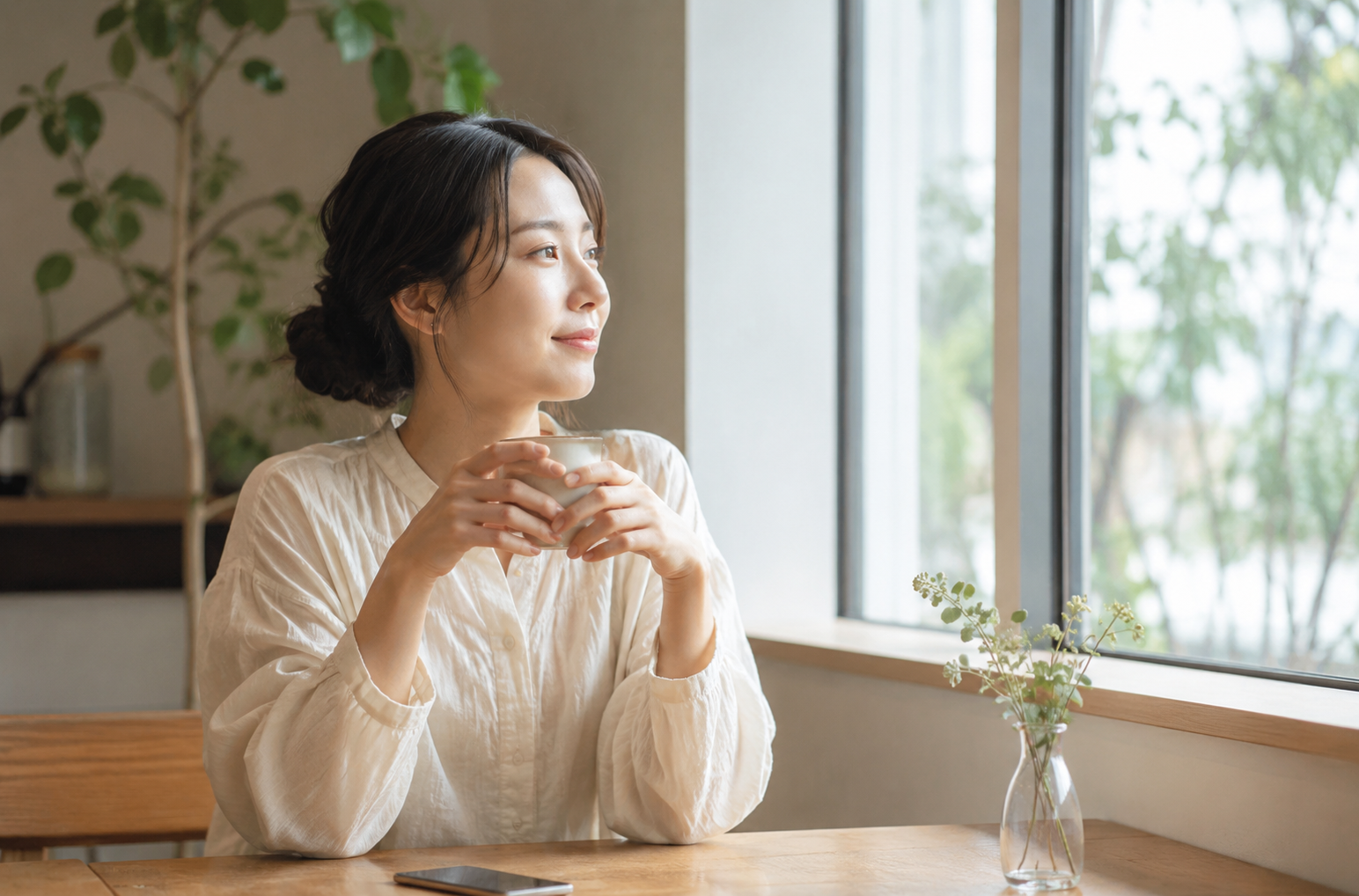 スマホを置き、温かい飲み物を飲みながら窓の外を眺めて休む女性