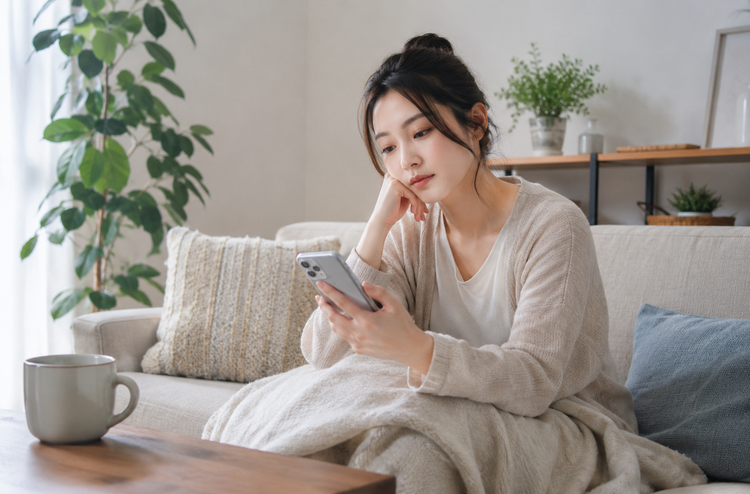 休もうとしてもスマホを見てしまい、何もしない時間を過ごせずにいる女性