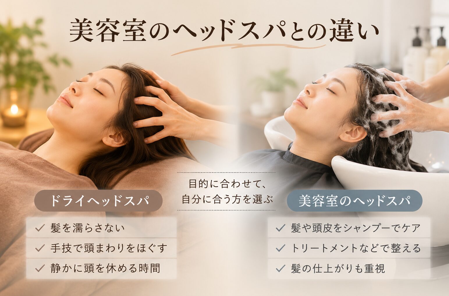 美容室のヘッドスパとドライヘッドスパの違いを比較したイメージ画像