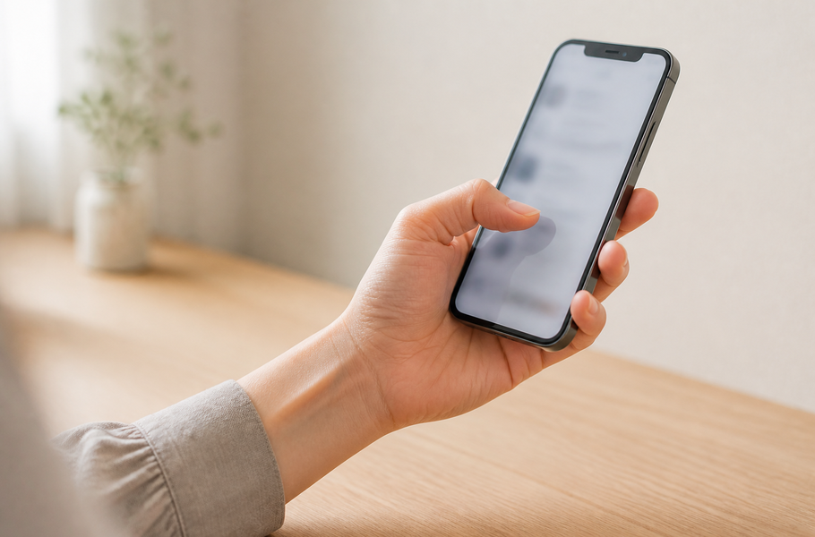 スマートフォンを片手で持ち、親指で画面を操作する様子