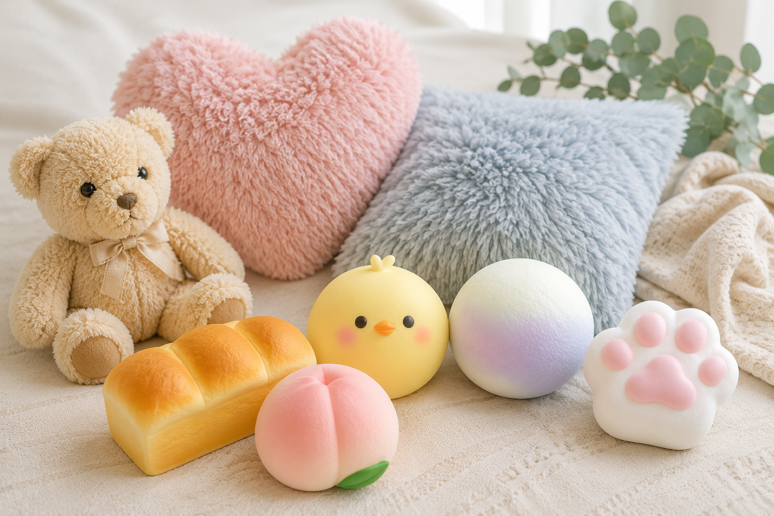 クッションやぬいぐるみ、スクイーズなどさまざまな柔らかいもの