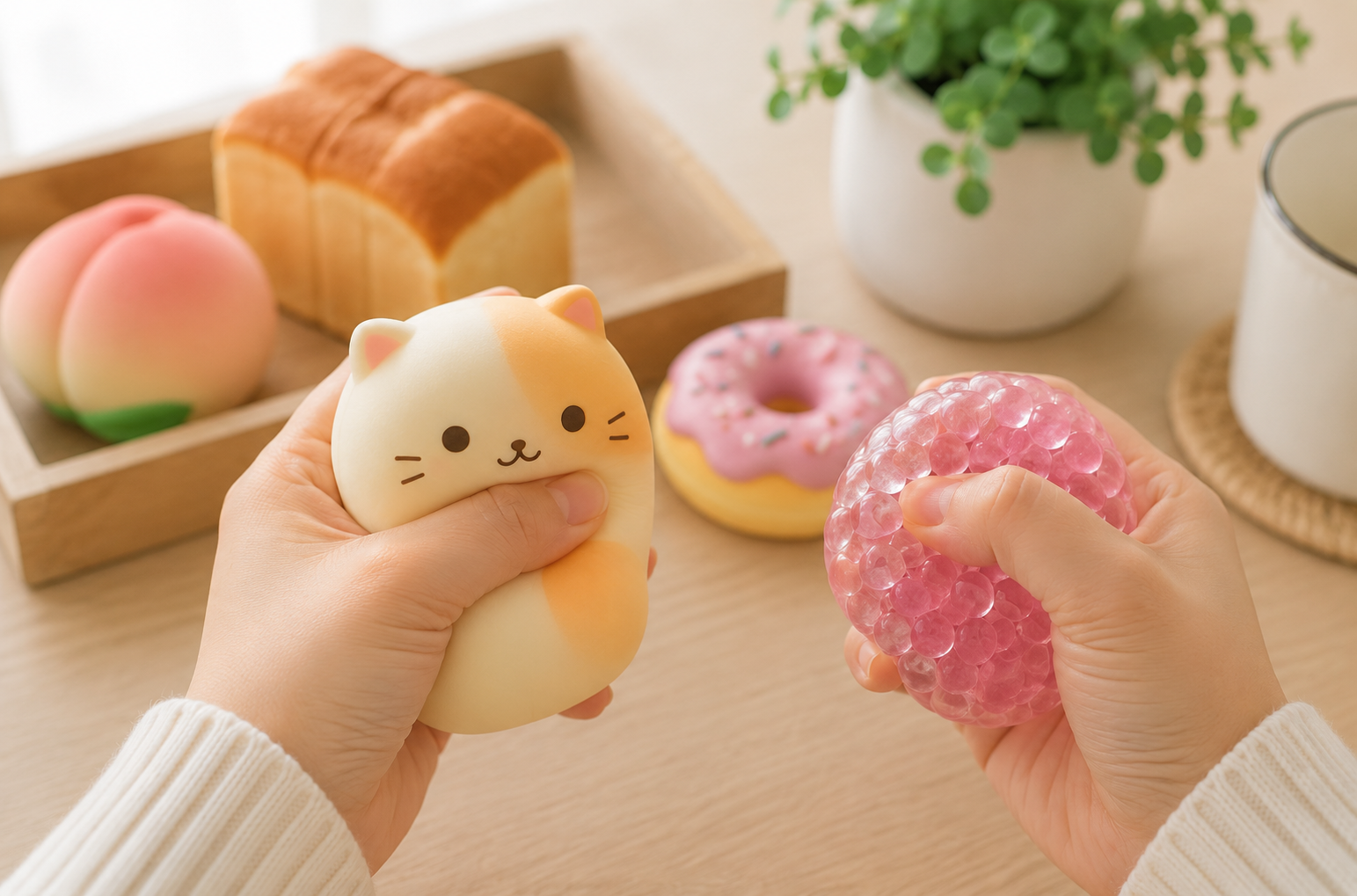 スクイーズとストレスボールを手で握っている様子