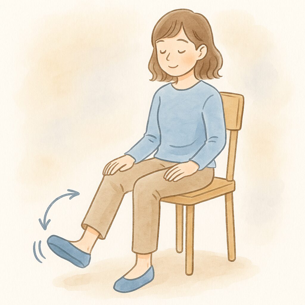 椅子に座った女性がかかとを床につけたまま、つま先を上下にバタバタ動かしている様子の水彩風イラスト