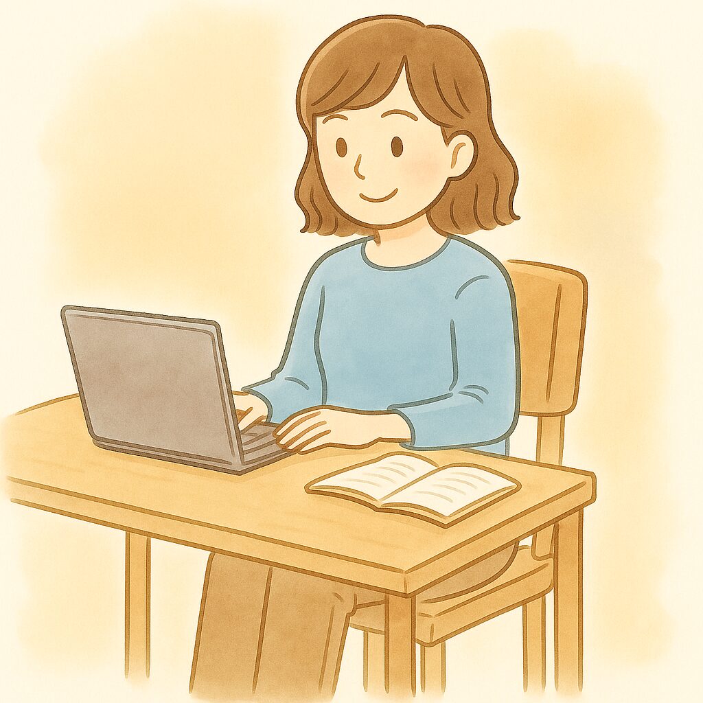 ノートパソコンで作業する女性が、長時間イスに座りっぱなしでデスクワークをしている様子の水彩風イラスト