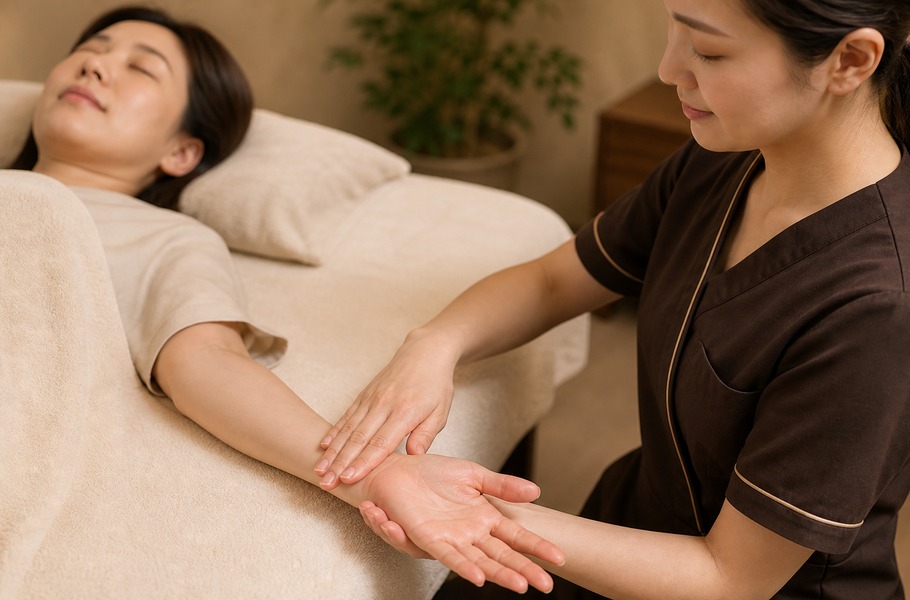 セラピストが手のひらから腕まで施術する様子