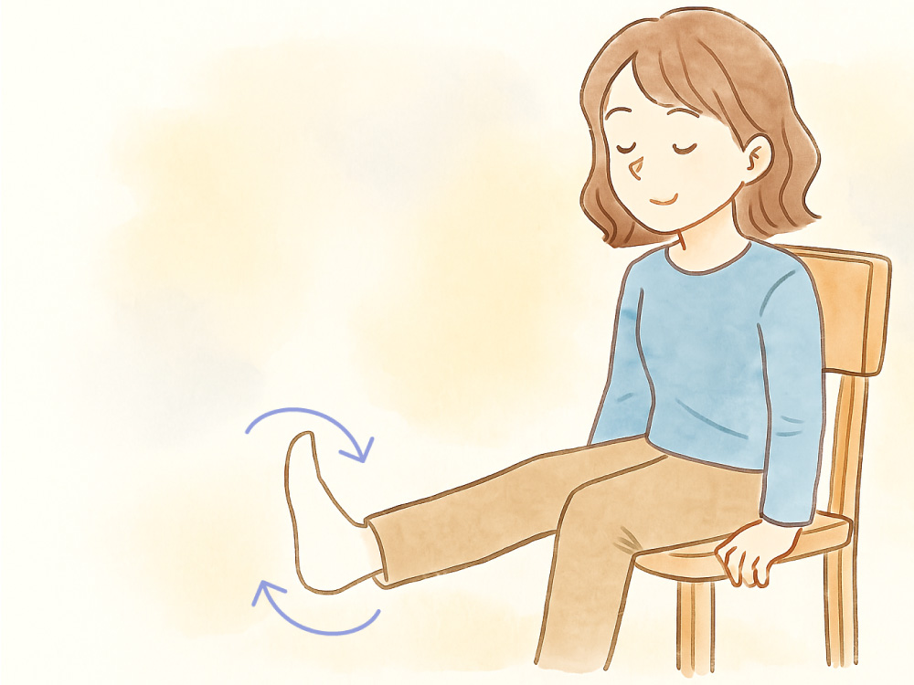 椅子に座った女性が片足を軽く浮かせ、足首をゆっくり大きく回している様子の水彩風イラスト