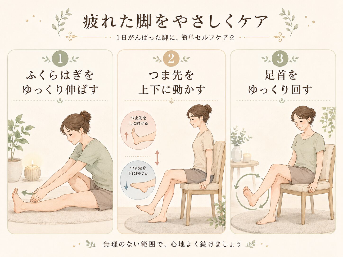 疲れた脚をやさしくケアするためのセルフケアイラスト。ふくらはぎを伸ばす、つま先を上下に動かす、足首を回す方法を紹介。