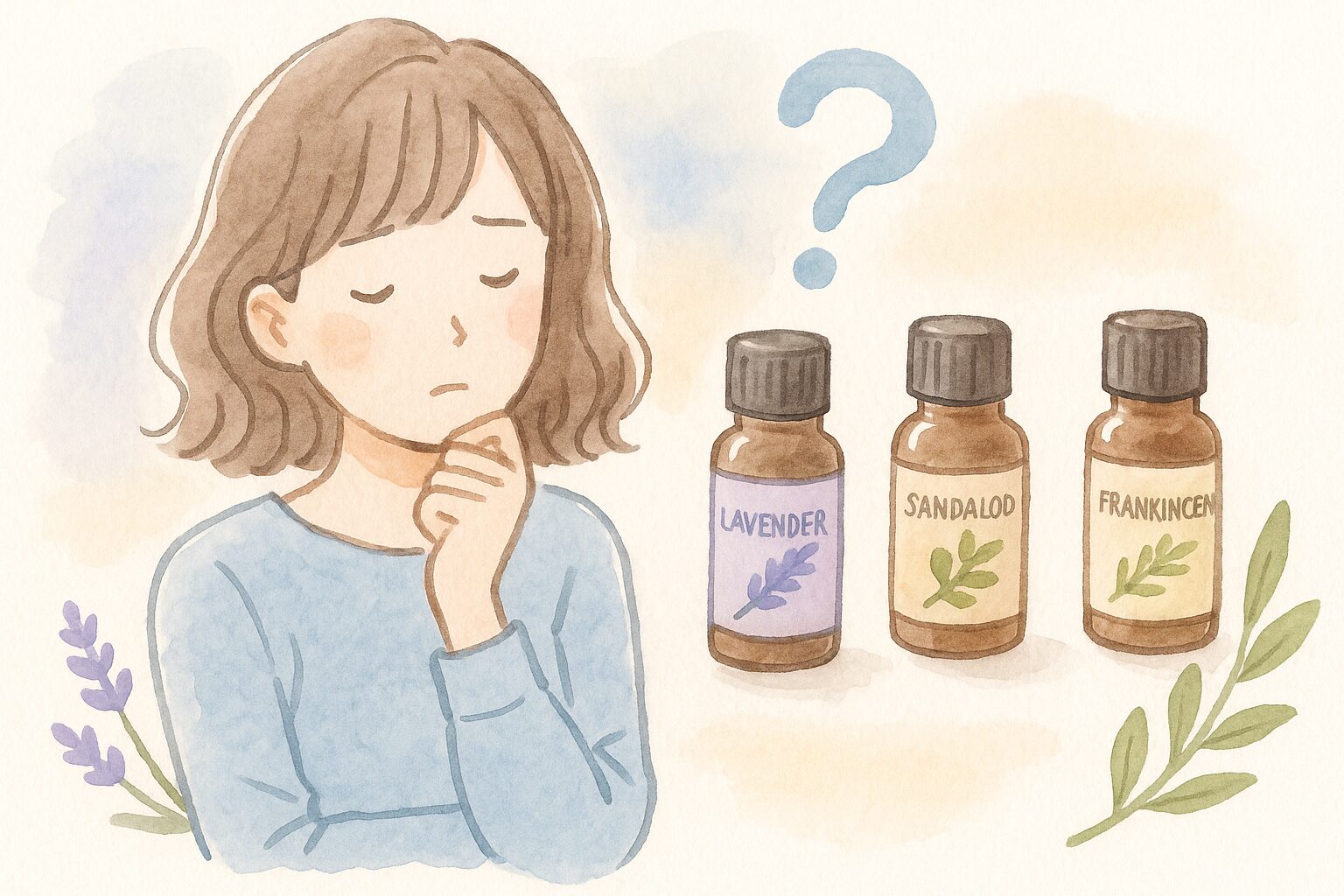 眠りにいいアロマオイルが多すぎて迷っている女性の水彩風イラスト。手に数本のアロマオイルを持ち、少し悩んだ表情を浮かべている様子