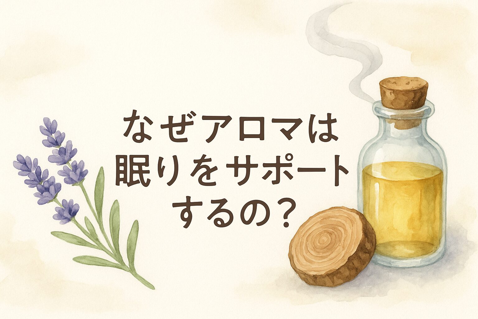 香りが脳へ届くしくみをやさしく表現した水彩風イラスト。アロマが鼻から入り、リラックス中枢に伝わる様子をやわらかく描写