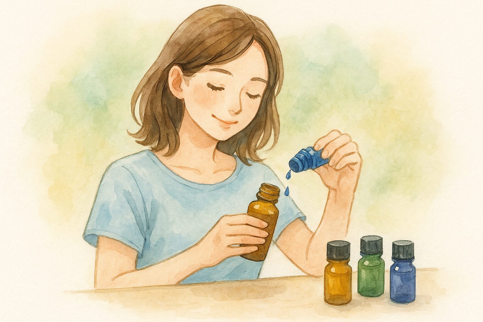 水彩風のやさしいタッチで描かれた、アロマオイルをブレンドしている女性。小さな瓶とスポイトを使い、自分だけの香りを調合する様子