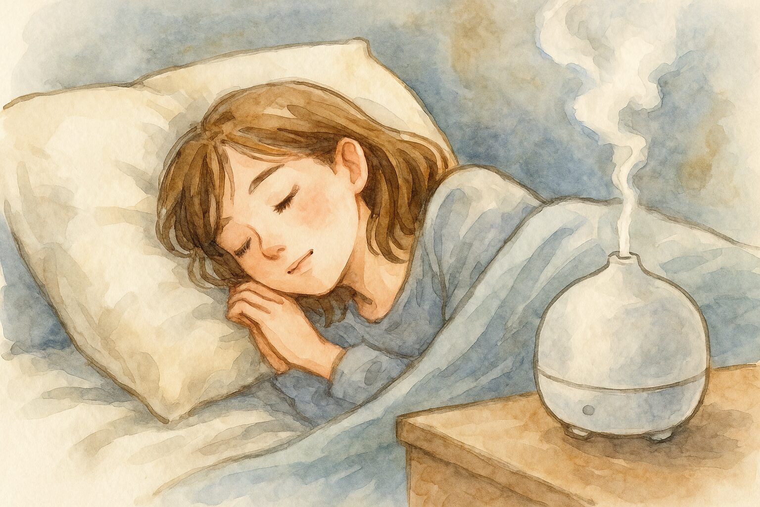 ベッドで心地よく眠る女性と、枕元で静かにミストを広げるディフューザーを描いた水彩風イラスト。やわらかな色合いが夜のやすらぎを表現