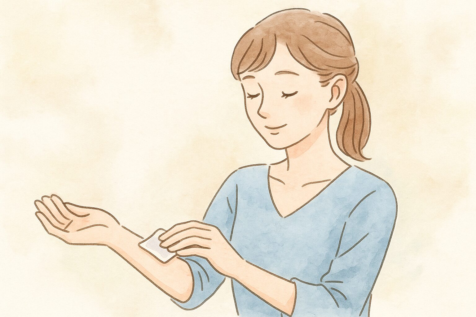 腕の内側に湿らせたコットンをあててパッチテストをしている女性の水彩風イラスト