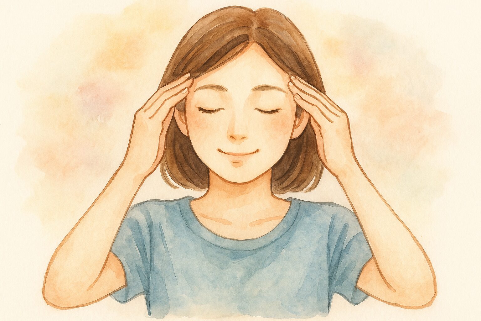 こめかみの位置をやさしく確認している女性の水彩風イラスト