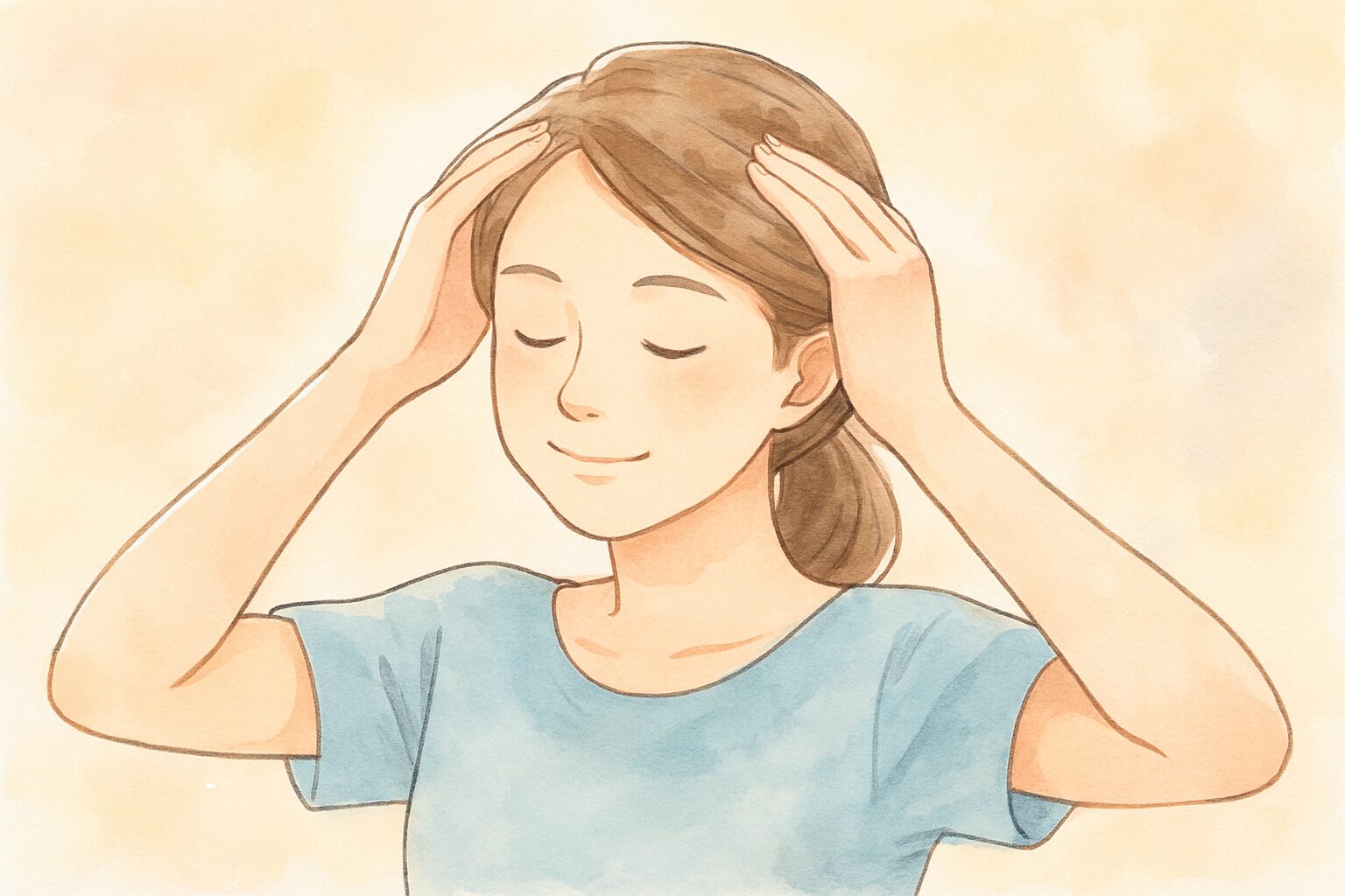手のひらで頭を包むようにやさしくなでる女性の水彩風イラスト