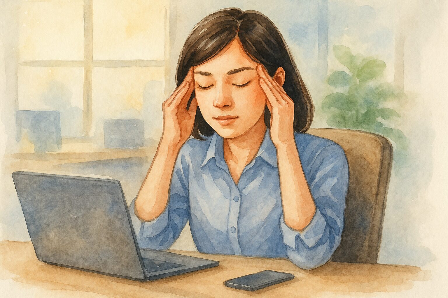 オフィスでのデスクワーク中、目を閉じて深呼吸しながら、こめかみをゆっくり押さえてリフレッシュしている女性の水彩風イラスト
