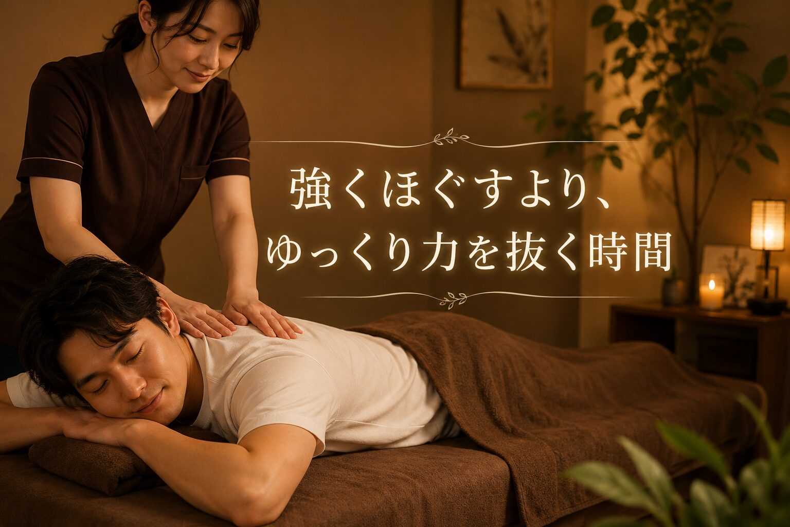 男性が背中のボディケアを受けながらゆっくり体の力を抜いているイメージ画像