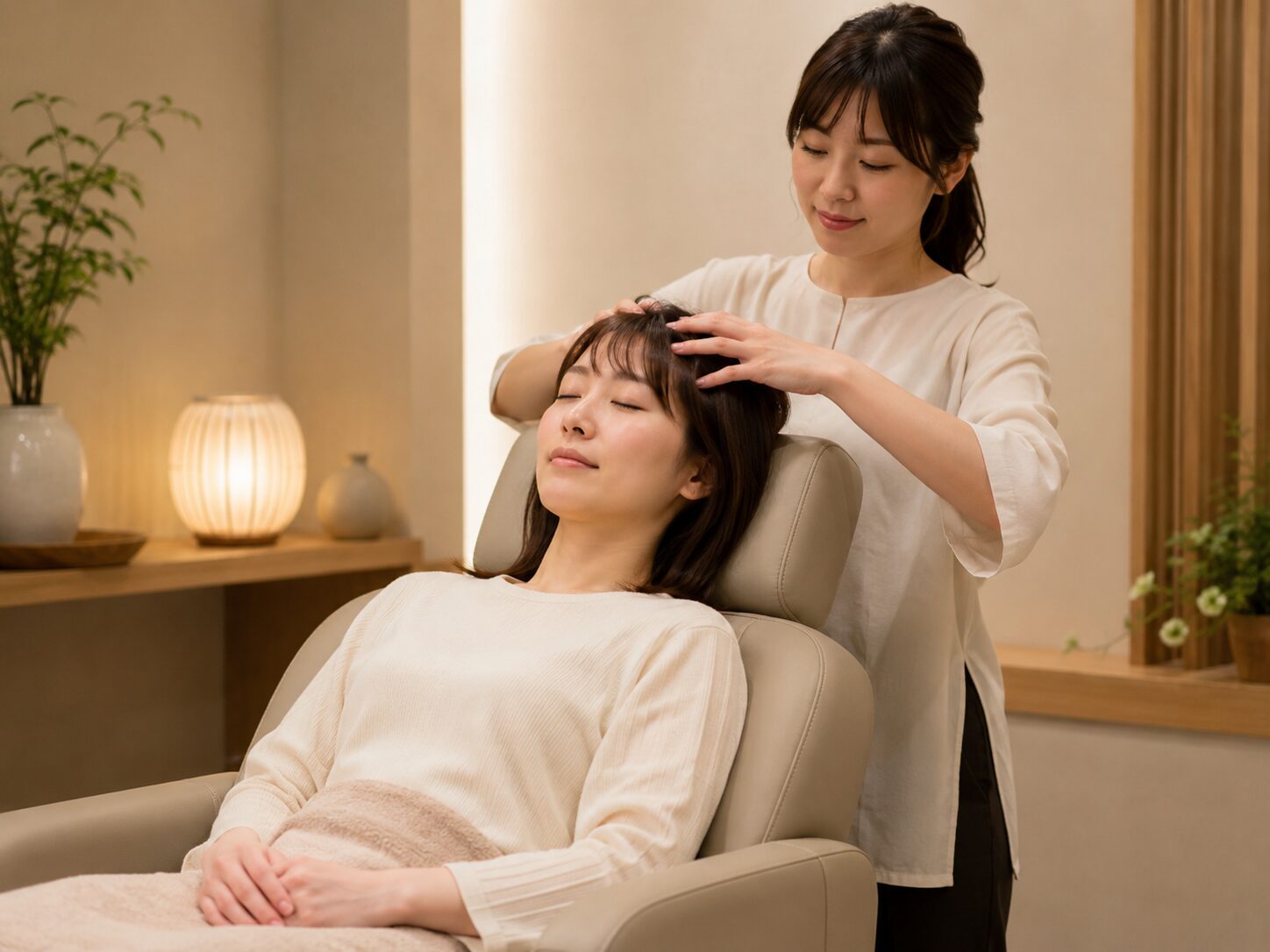 リラクゼーションサロンで椅子に座ってドライヘッドスパを受けている女性