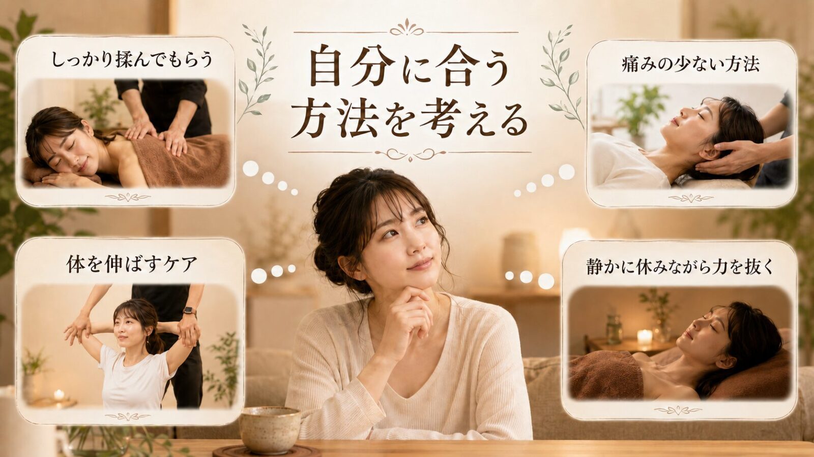 しっかり揉む、痛みの少ない方法、体を伸ばすケア、静かに休む方法から自分に合う肩こりケアを考えている女性のイメージ画像