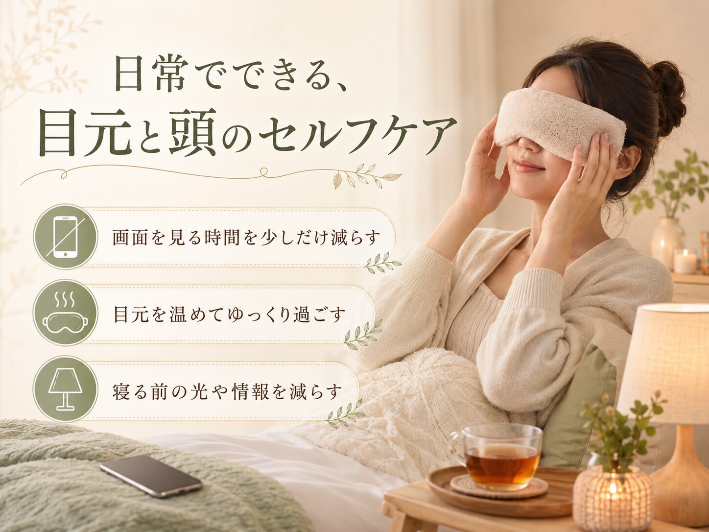 目元と頭のセルフケア方法をイメージした文字入り画像