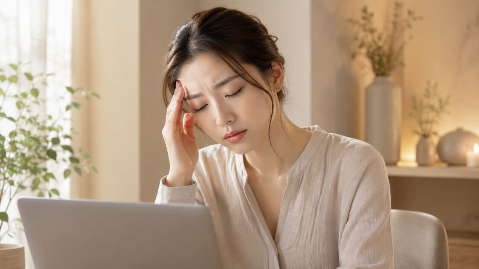 パソコンやスマホを見続けて頭まわりに力が入っている女性のイメージ画像