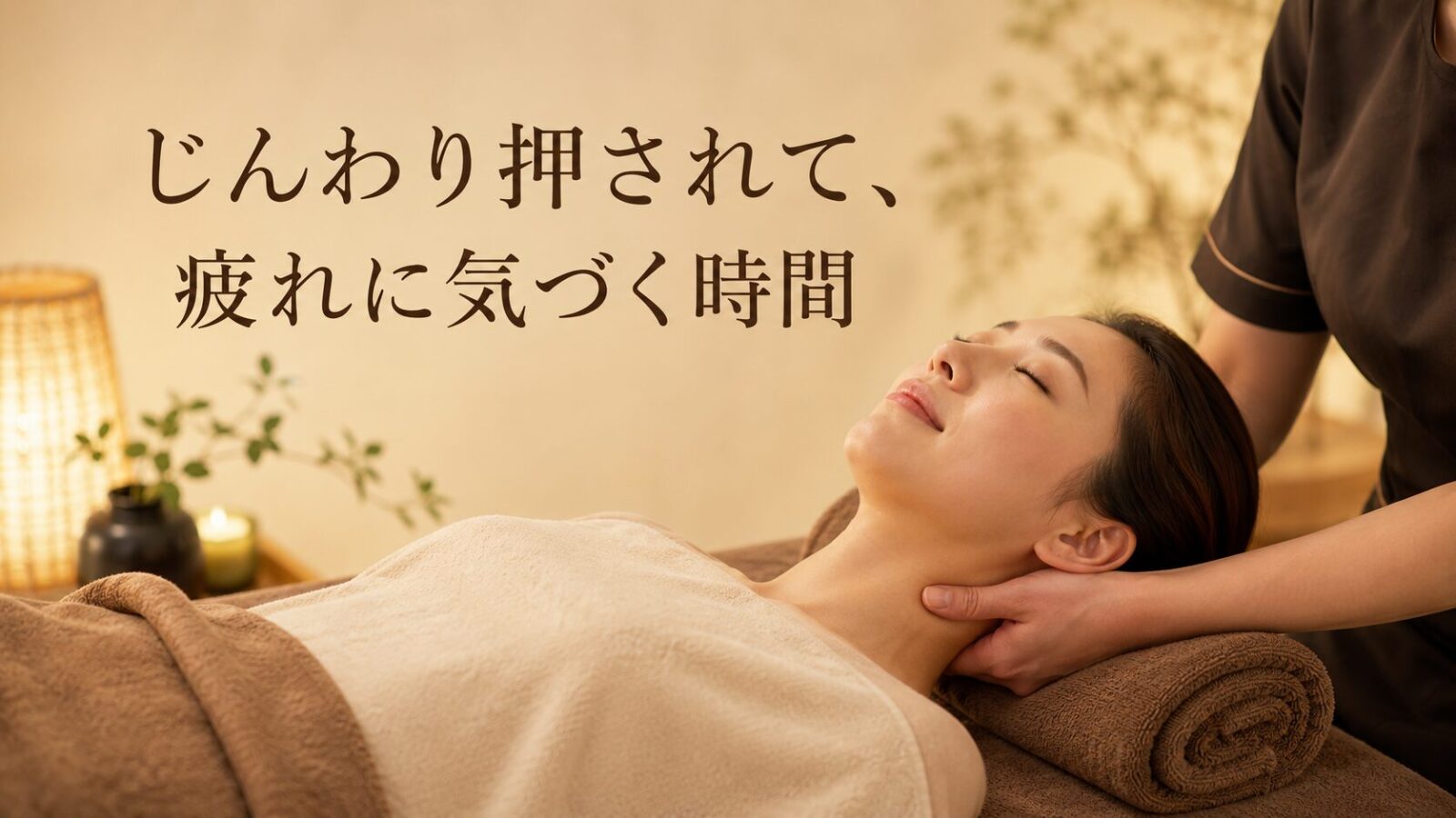 仰向けで首まわりの施術を受けながら疲れに気づく女性のボディケアイメージ画像