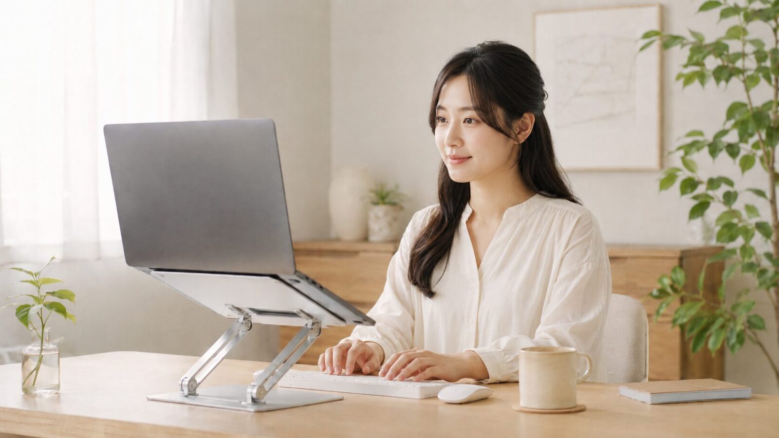 PCスタンドを使って首肩に負担がかかりにくい姿勢でパソコン作業をしている女性のイメージ画像