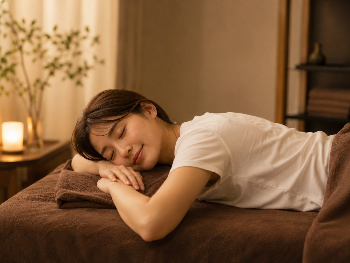 白いTシャツを着た女性が施術ベッドで静かに体を休めているイメージ画像