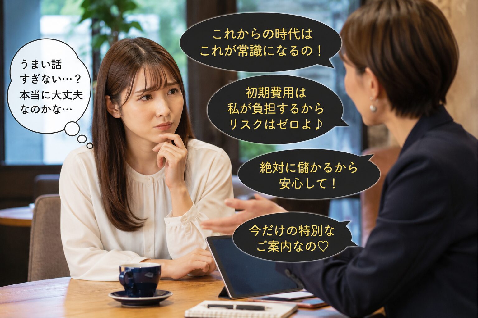 肩こり改善をうたう強い言葉や怪しいうたい文句に慎重になる女性のイメージ画像