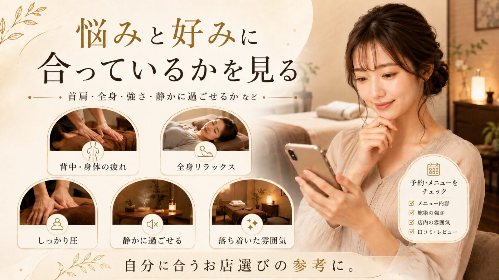 悩みや好みに合うボディケアサロンを選ぶためにメニューや雰囲気を確認しているイメージ
