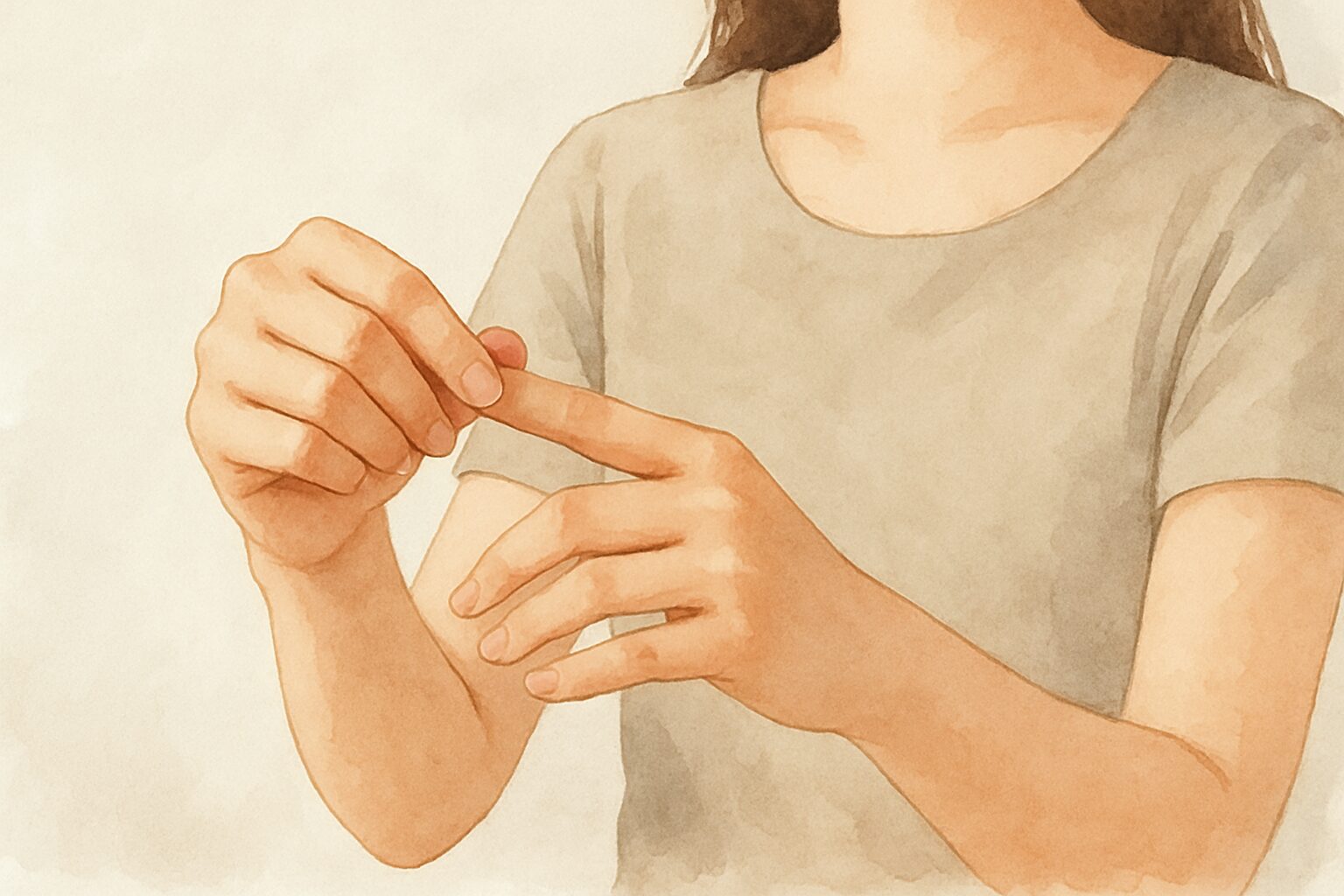 片手で反対の指を1本ずつ、根元から先までやさしく引っ張るセルフケアを行う女性