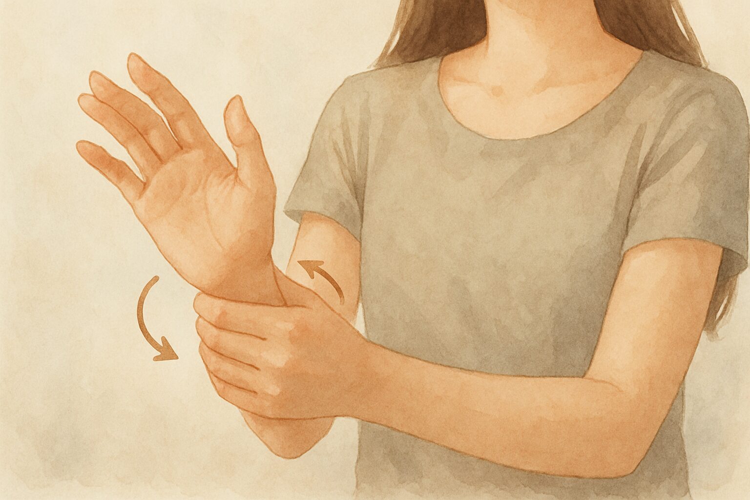 片手で反対の手首をやさしく回すセルフケアを行う女性