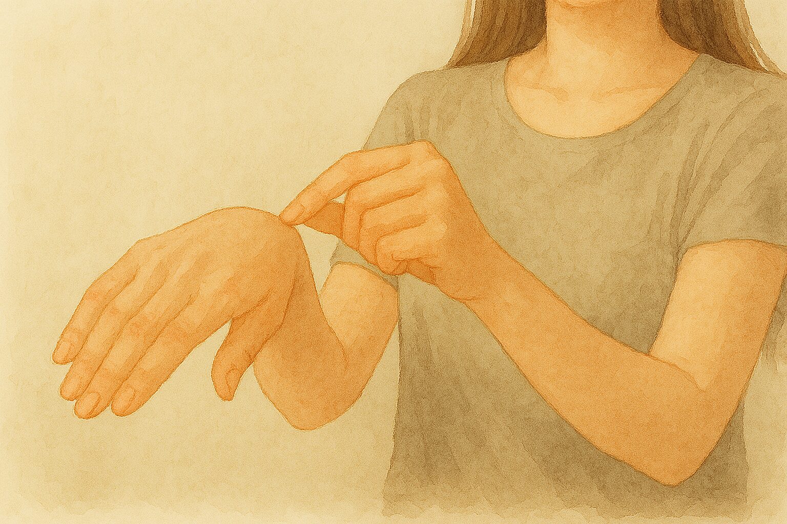 反対の指先で手の甲をトントンと軽くたたくセルフケアを行う女性