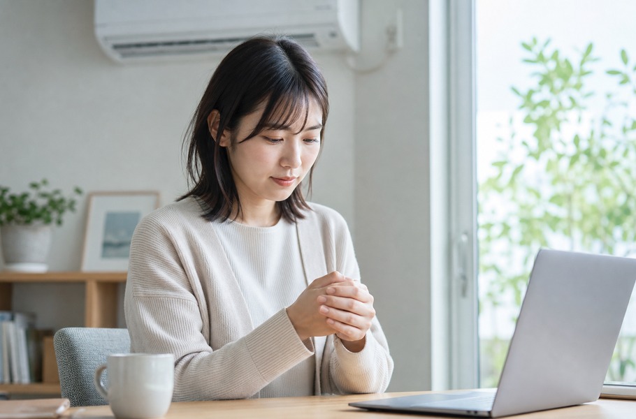 冷房の効いた室内で両手を包むように重ねる様子