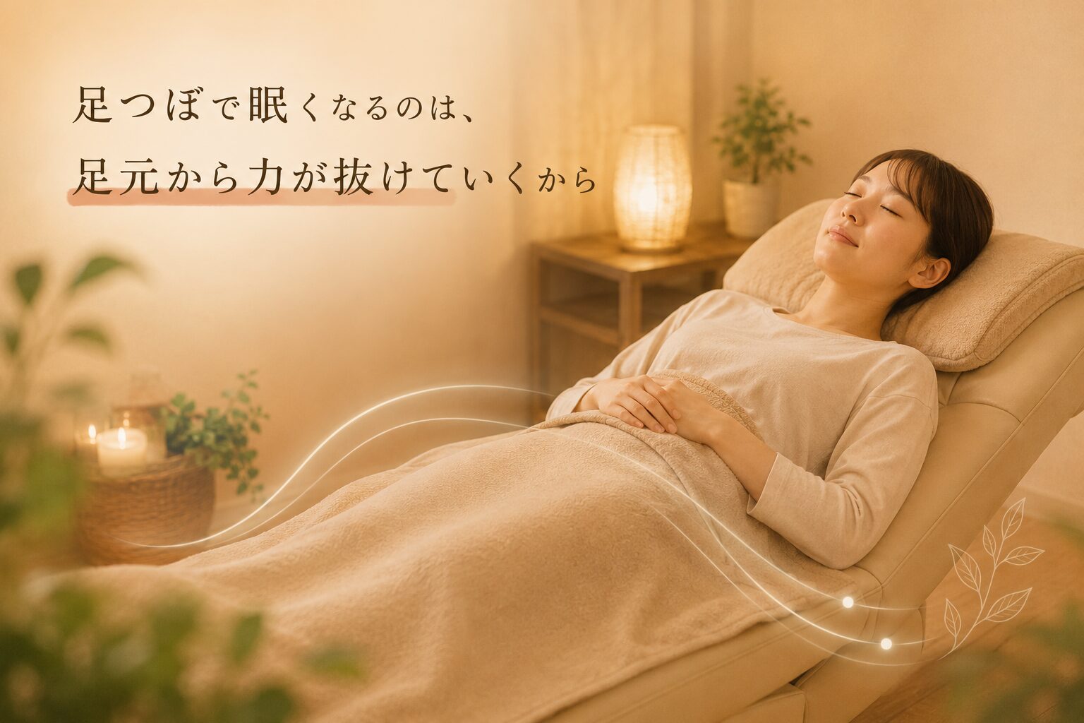 足つぼを受けながら足元から力が抜けてリラックスしている女性のイメージ
