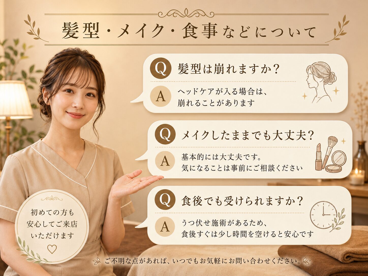 ボディケア前に気になる髪型・メイク・食事などの質問をQ&A形式でまとめたイメージ画像