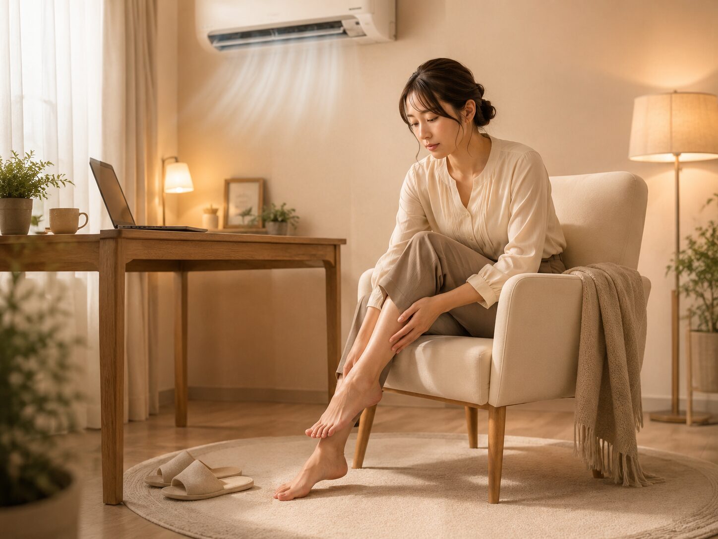 冷房の効いた室内で足元の冷えが気になり足を触っている女性のイメージ