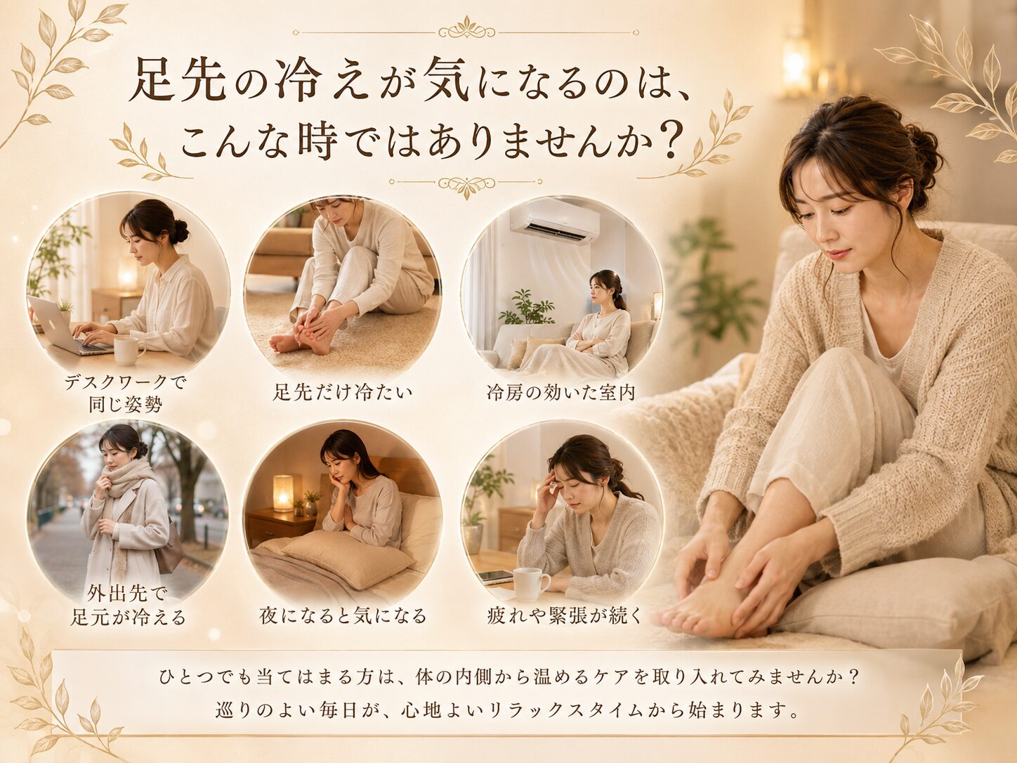 デスクワークや冷房、夜の足元の冷えなど足先の冷えが気になる場面をまとめたイメージ