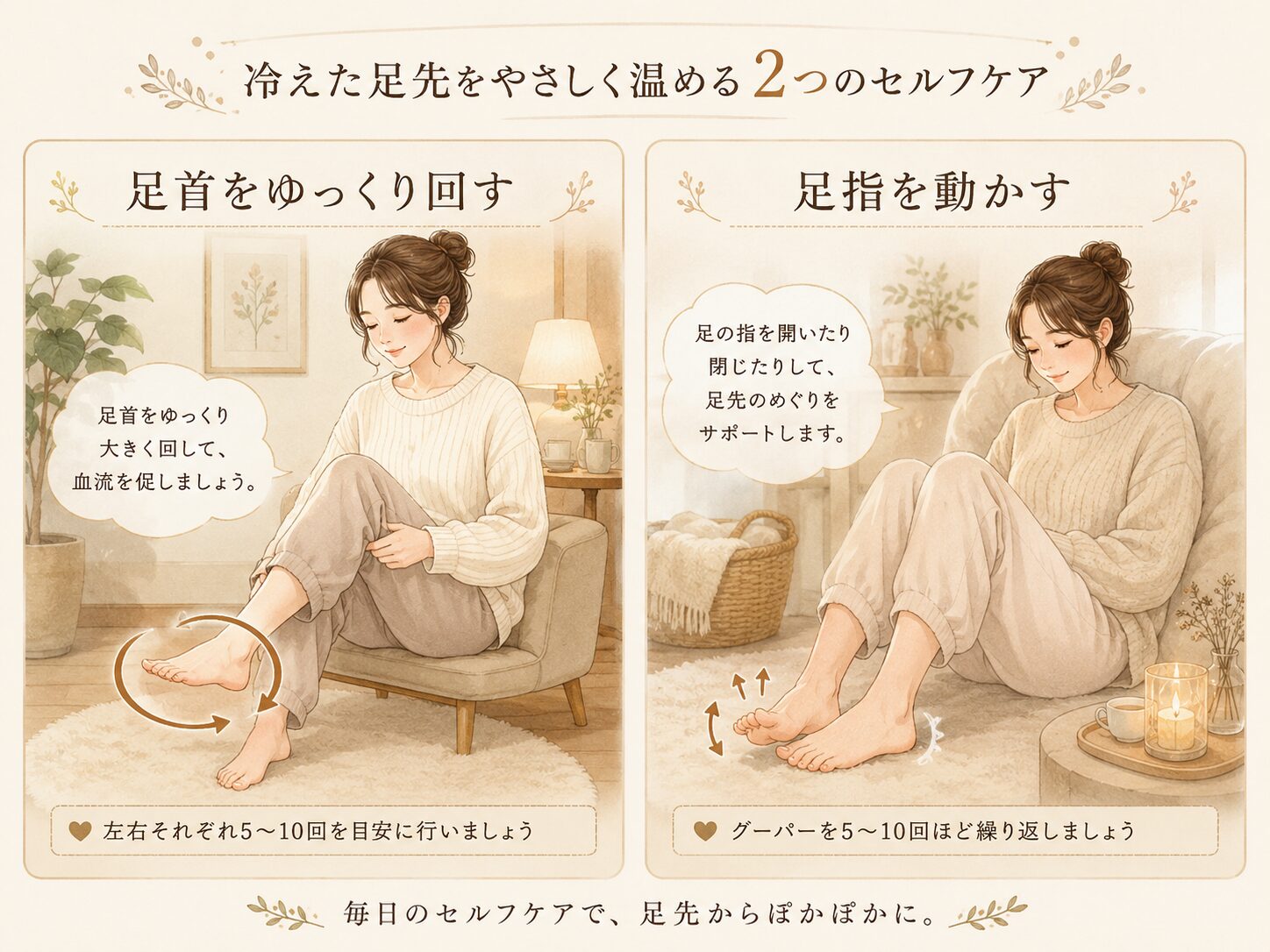 足先の冷えが気になる時に足首を回すセルフケアと足指を動かすセルフケアのイラスト