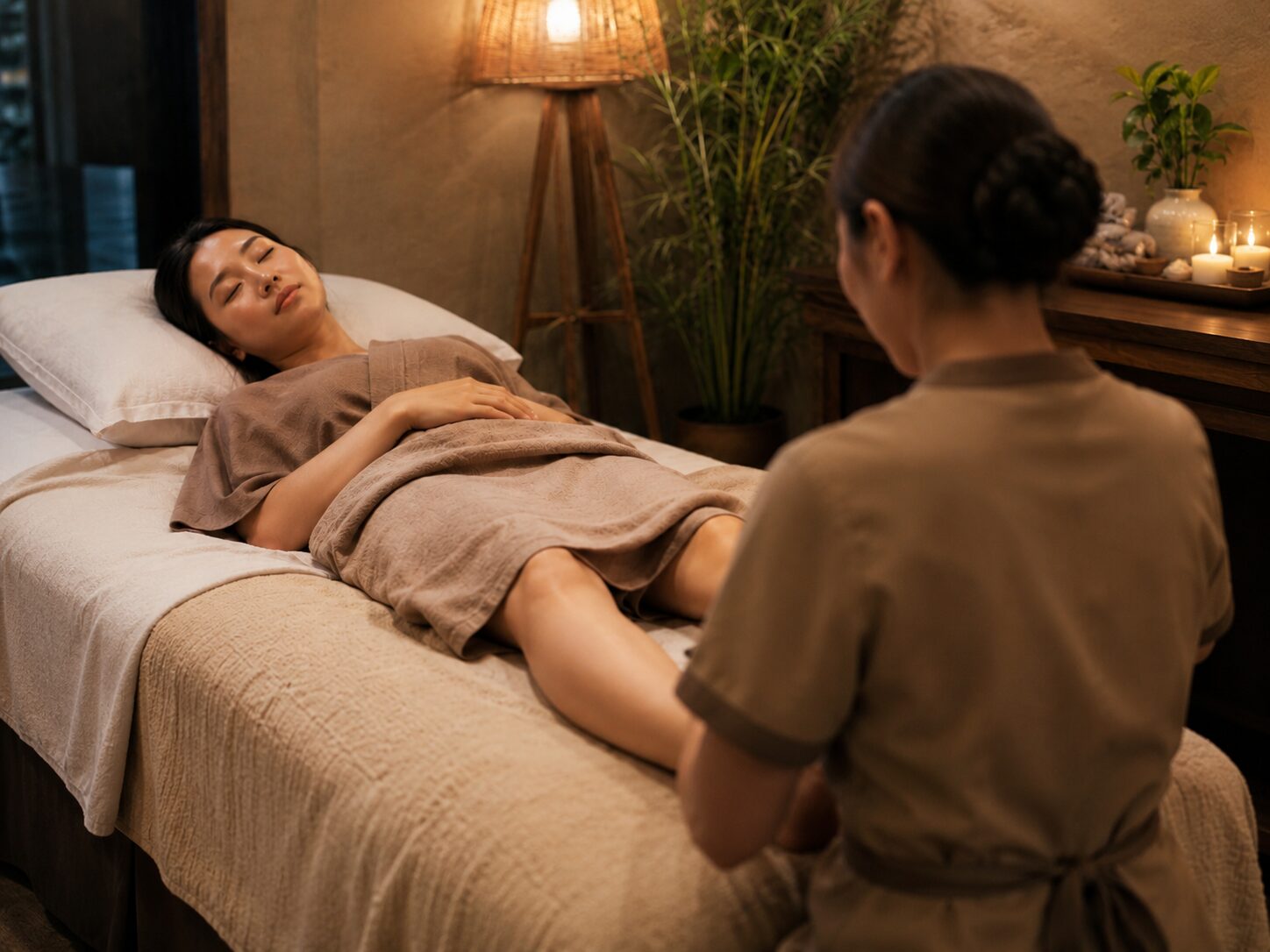 足つぼを受けながらベッドで静かに眠っている女性のリラクゼーションイメージ
