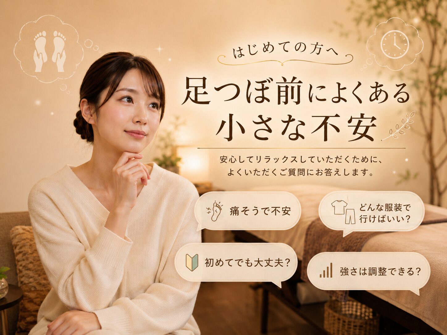 足つぼ前によくある痛みや服装、強さ調整などの小さな不安をまとめたイメージ画像