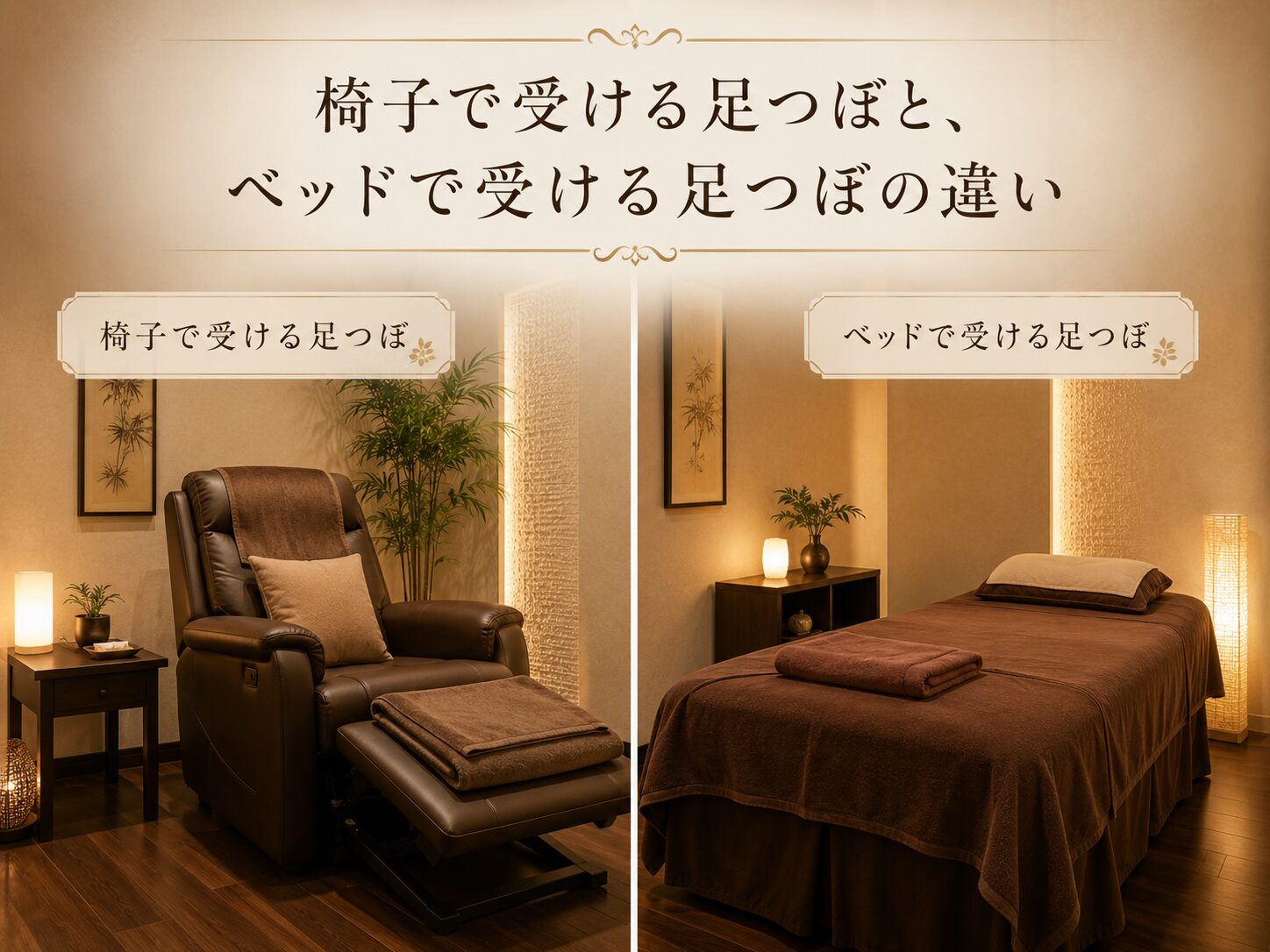 椅子で受ける足つぼとベッドで受ける足つぼの違いを比較した、リラクゼーションサロンのイメージ画像。