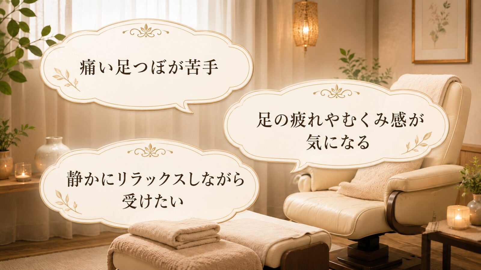 痛い足つぼが苦手、足の疲れやむくみ感が気になる、静かにリラックスしながら受けたいという悩みを吹き出しで表した画像。