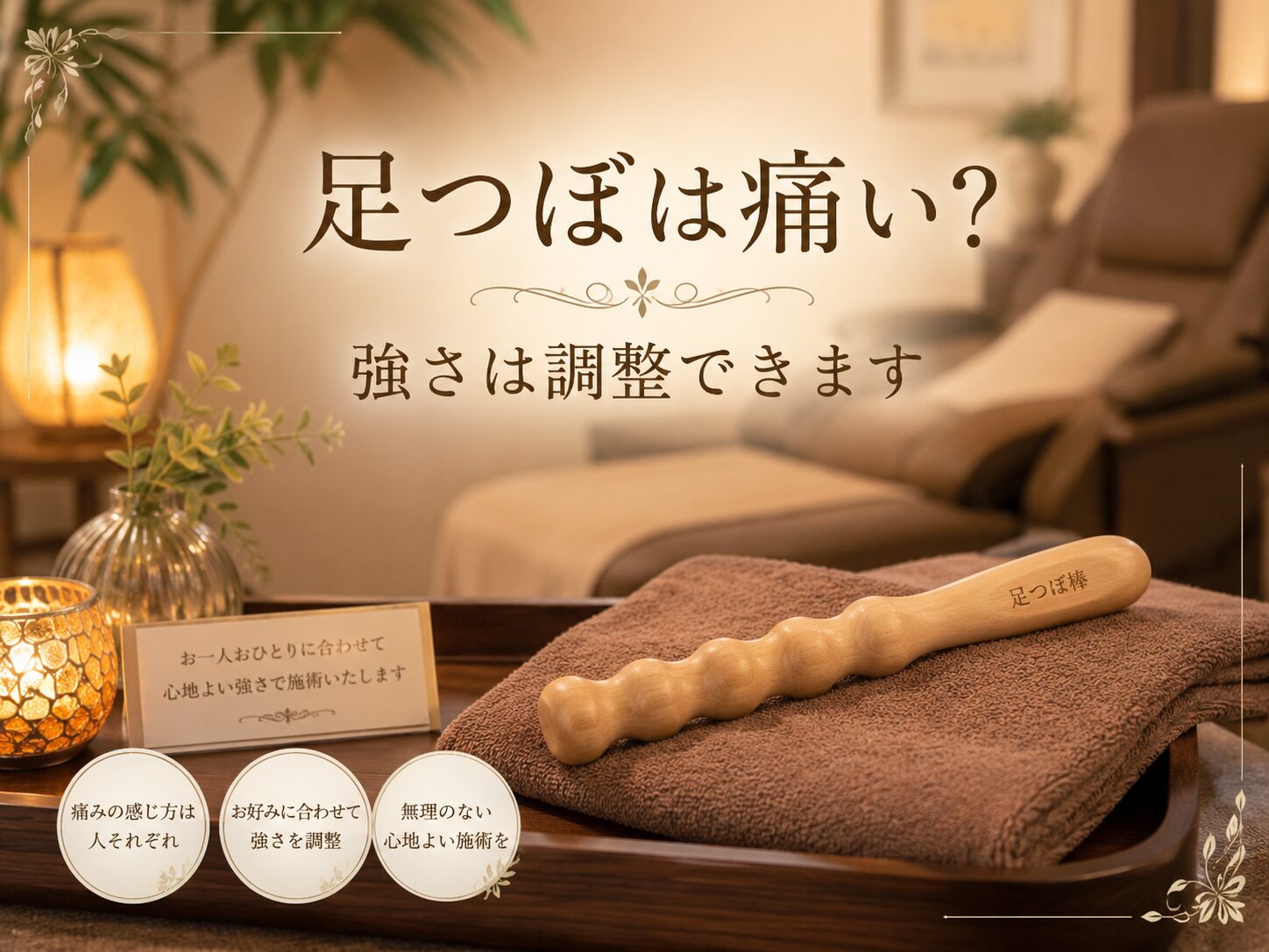 足つぼは痛いのか、強さは調整できるのかを伝える、足つぼ棒と落ち着いたサロン空間のイメージ画像。