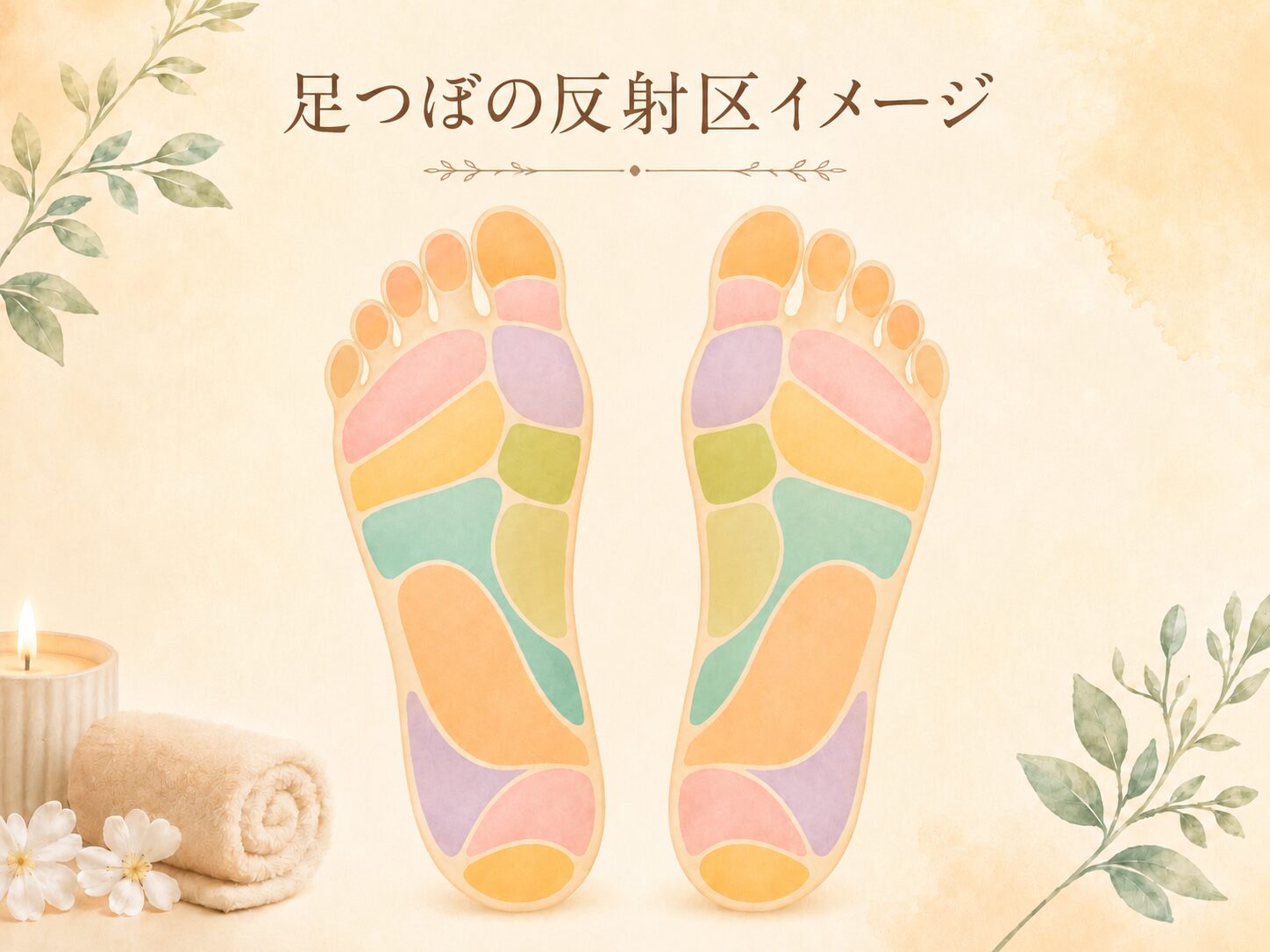足裏に色分けされた反射区のイメージ図。足つぼやリフレクソロジーの考え方をやさしく表現したイラスト。