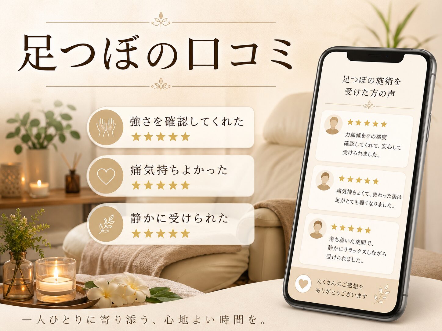 足つぼの口コミを確認するイメージ。強さの確認や痛気持ちよさ、静かに受けられた感想をスマホ画面で見る落ち着いた画像。