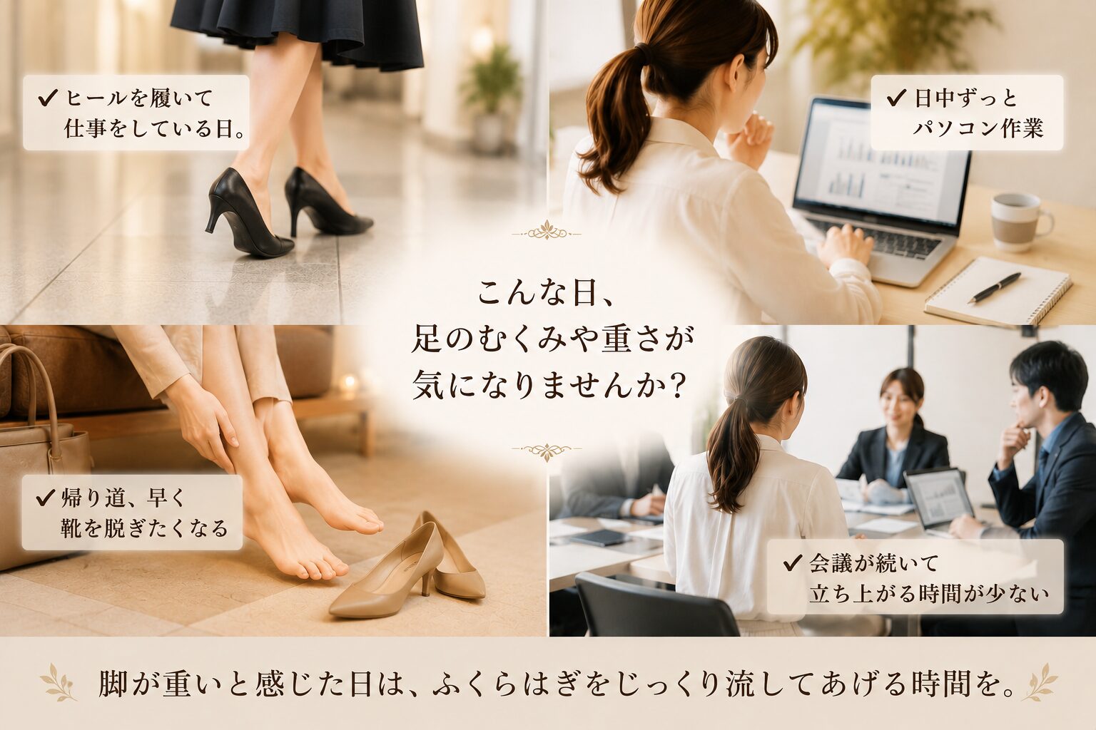 ヒールやパソコン作業、会議などで足のむくみや重さを感じる日常シーン