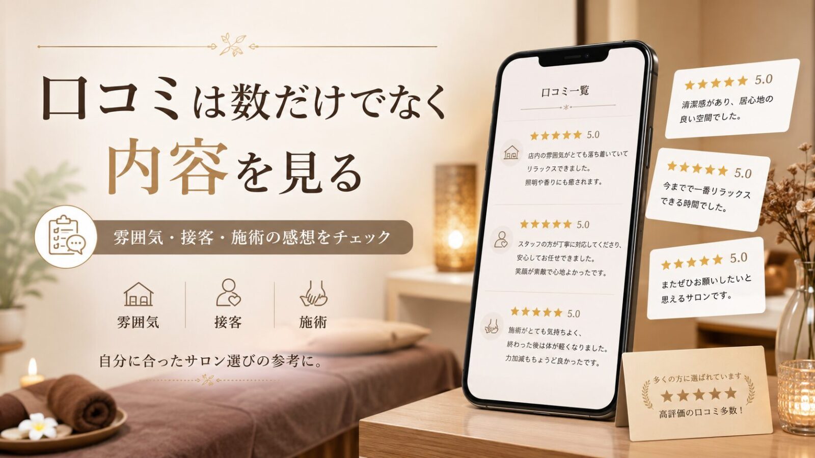 リラクゼーションサロン選びで口コミの数だけでなく内容を確認するイメージ